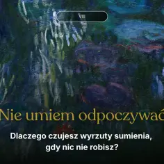Obraz impresjonistyczny z widokiem na stawy z liliami wodnymi i tekst.