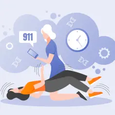 Kobieta wzywa pomoc (911) dla osoby doświadczającej ataku. To ilustracja wyjaśniająca, czym jest epilepsja.