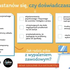 Ilustracja przedstawia trzy kolumny pytań dotyczące wypalenia zawodowego, z grafiką osoby wyczerpanej przy biurku.