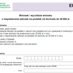 Formularz ZUS EPD-21 o niepobieranie zaliczek na podatek od dochodu do 30 000 zł.