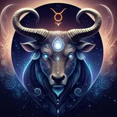 Mistyczny byk żywioł z niebieskimi oczami i lśniącym rogiem, otoczony kosmicznymi wirami i gwiazdami. Symbol zodiaku Byk.