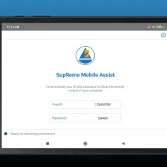 Ekran tabletu z aplikacją SupRemo Mobile Assist. Widoczne pola ID i hasła, gotowe do połączenia.