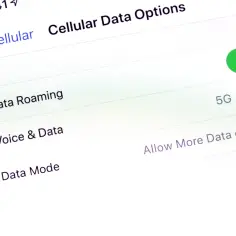 Ustawienia iPhone: dane komórkowe, roaming danych. Zielony przełącznik oznacza, że roaming jest włączony.