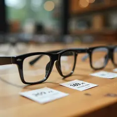 Eleganckie okulary w czarnych oprawkach na drewnianym blacie. Obok nich leżą karteczki z cenami, sugerujące, że to najdroższe szkła do okularów.