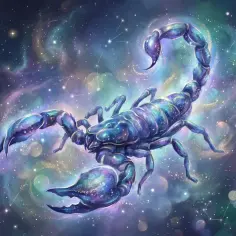 Błękitny, gwiezdny skorpion unosi się w kosmicznej mgławicy. Jego pancerz iskrzy jak galaktyka, a ogon wygięty jest w łuk. To skorpion, symbol siły i tajemnicy.