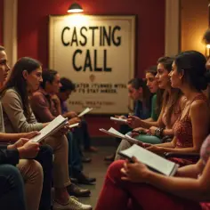 Grupa młodych ludzi czeka na casting do teatru, trzymając w rękach scenariusze.
