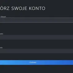 Formularz tworzenia konta Steam z polami nazwy użytkownika, hasła i potwierdzenia hasła.