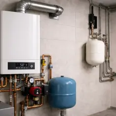 Nowoczesny kocioł gazowy z zasobnikiem i instalacją hydrauliczną na ścianie.