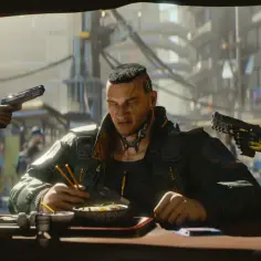 Cyberpunk multiplayer: dwaj uzbrojeni mężczyźni celują do gracza jedzącego ramen.