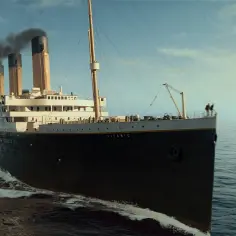 Ogromny statek RMS Titanic płynie po spokojnym morzu. W którym roku zatonął Titanic? W 1912 roku.