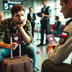 Zmartwiony mężczyzna z paszportem w ręku siedzi na lotnisku, czekając na decyzję o deportacji. Obok niego funkcjonariusz sprawdza dokumenty.