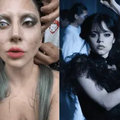 Lady Gaga w makijażu jak z "Wednesday" obok Jenny Ortega tańczącej w kultowej scenie.