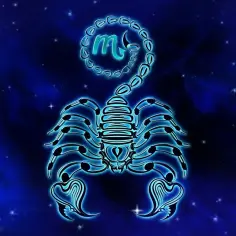 Neonowy skorpion na tle nocnego nieba, symbolizujący skorpion horoskop miesięczny.