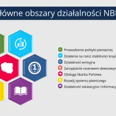 Główne obszary działalności NBP: polityka pieniężna, stabilność finansowa, emisja pieniądza, rezerwy dewizowe, obsługa skarbu państwa, system płatniczy, edukacja. Prezes Narodowego Banku Polskiego nadzoruje te działania.
