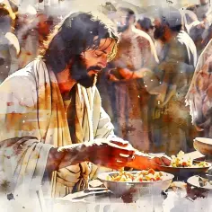 Jezus rozdziela pokarm w pierwszy dzień tygodnia w kościele katolickim. Wokół zgromadzeni wierni.