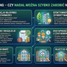 Analiza rynku nieruchomości: czy house flipping nadal się opłaca? Schemat przedstawia kluczowe czynniki: sytuację na rynku, podatki, efektywność energetyczną, dostępność ekip remontowych, redukcję marż i strategię sukcesu.