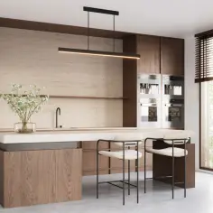 Nowoczesna kuchnia z wyspą. Jak zaplanować oświetlenie nad wyspą kuchenną inspiracje i wysokość? Elegancka lampa zwisa nad blatem.