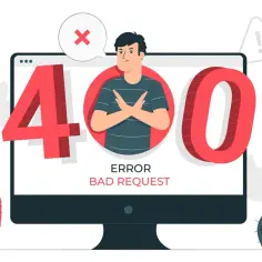 Komputer wyświetla komunikat "ERROR BAD REQUEST" z dużymi cyframi 400. Mężczyzna z przekreślonymi rękami symbolizuje problem.