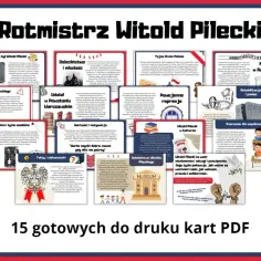 Plakat o rotmistrzu Witoldzie Pileckim: jego życie, działalność w Tajnej Armii Polskiej, Auschwitz, Powstaniu Warszawskim i dziedzictwo.