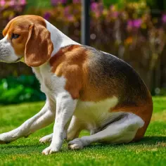 Smutny beagle siedzi na trawie. Może potrzebuje ranigast dla psa dawka, by poczuć się lepiej.