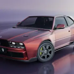 Czerwony Maserati Shamal z lat 90. z nowoczesnym akcentem, prezentujący się na tle fioletowego gradientu.