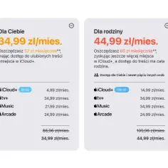 Porównanie ofert iCloud+: dla Ciebie (34,99 zł/mies.) i dla rodziny (44,99 zł/mies.). Sprawdź, co to iCloud+ i jakie korzyści daje.