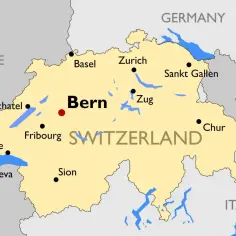 Mapa Szwajcarii z zaznaczonymi miastami. Zobacz, z kim graniczy Szwajcaria: Francja, Niemcy, Austria i Włochy.