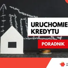 Biały domek i wykres na tablicy. Tekst: "URUCHOMIENIE KREDYTU", "PORADNIK". Dowiedz się, ile trwa uruchomienie kredytu hipotecznego.