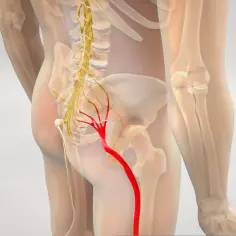 Anatomical illustration of the sciatic nerve highlighted in red, originating from the spine and extending down the leg.