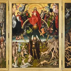 Obraz Sąd Ostateczny: Chrystus na tęczy, apostołowie, archanioł Michał ważący dusze, zbawieni w niebie i potępieni w piekle.