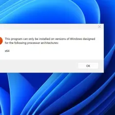 Komunikat błędu w systemie Windows informuje, że program jest przeznaczony tylko dla architektury x64, a nie dla procesorów ARM.