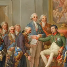 Napoleon Bonaparte wręcza dokument, który może być Konstytucją Księstwa Warszawskiego, grupie dostojników.