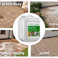 Jak wyczyścić kostkę brukową? Zdjęcia pokazują proces czyszczenia kostki brukowej środkiem Bruk Clean, od przygotowania po efekt końcowy.