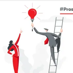 Wprowadź innowacyjną spółkę na rynek! #ProstaSpółkaAkcyjna. Mężczyzna wspina się po drabinie do żarówki, kobieta wskazuje drogę.