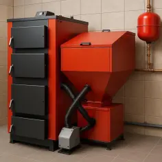 Nowoczesny piec na ekogroszek z zasobnikiem i instalacją hydrauliczną.
