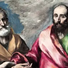 Piotr i Paweł, dwaj apostołowie, w dramatycznych szatach. Piotr z siwą brodą, Paweł z mieczem.