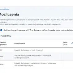 Widok rozliczeń podatkowych w e-Urzędzie Skarbowym. Można tu sprawdzić zaliczka na podatek dochodowy PIT, PPE, PPW.