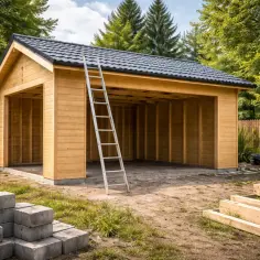 Drewniany garaż bez pozwolenia w budowie, z drabiną opartą o ścianę. Wokół materiały budowlane: betonowe pustaki i drewniane belki.