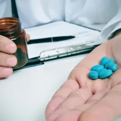 Lekarz pokazuje garść niebieskich tabletek, które mogą być pomocne w terapii, np. jako ketospray forte.