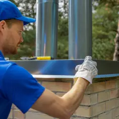 Fachowiec montuje metalowe elementy na ceglanym kominie. Dowiedz się, ile kosztuje murowanie komina i jakie są koszty montażu.