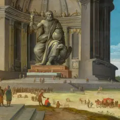Wielki posąg Ateny Partenos w świątyni, otoczony tłumem ludzi i architekturą.