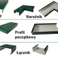 Elementy systemu rynnowego: profil główny, narożnik, profil początkowy i łącznik. To wszystko, co potrzebne do montażu attyki.