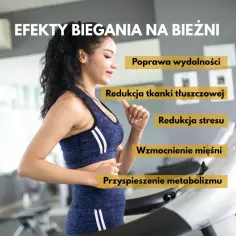 Kobieta ćwiczy na bieżni, pokazując, co daje bieganie: poprawę wydolności, redukcję tkanki tłuszczowej, stresu, wzmocnienie mięśni i przyspieszenie metabolizmu.