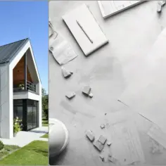 Nowoczesny dom z kamiennym kominem i szarym dachem. Obok plany architektoniczne, sugerujące zmianę konstrukcji dachu bez pozwolenia.