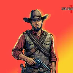 Bohater z rdr3 w kapeluszu i kamizelce z amunicją, trzymający rewolwer. Tło w odcieniach czerwieni i żółci.