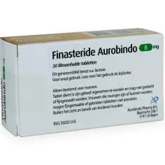 Op de verpakking staat "Finasteride Aurobindo 5 mg". Dit medicijn, dat je zonder recept kunt kopen, is bedoeld voor mannen.