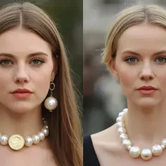 Dwie kobiety w eleganckich stylizacjach. Jedna nosi naszyjnik z perłą i złoty medalion, druga duży naszyjnik z perłami.