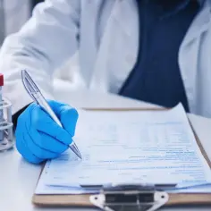 Laborant w niebieskich rękawiczkach wypełnia dokumentację medyczną obok stojaka z probówkami.