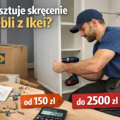 Mężczyzna skręca meble z Ikei. Dowiedz się, ile kosztuje złożenie mebli, od 150 zł do 2500 zł.