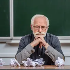 Zmęczony adiunkt z brodą i okularami siedzi przy biurku, opierając głowę na dłoniach. Wokół niego leżą pogniecione kartki.